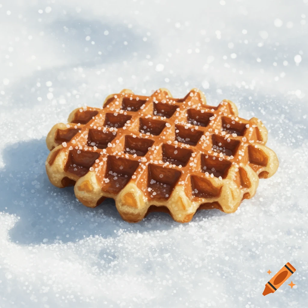 A close-up of a golden brown Liege waffle topped with powdered sugar, resting on a bed of fresh snow in a bright, painterly style.