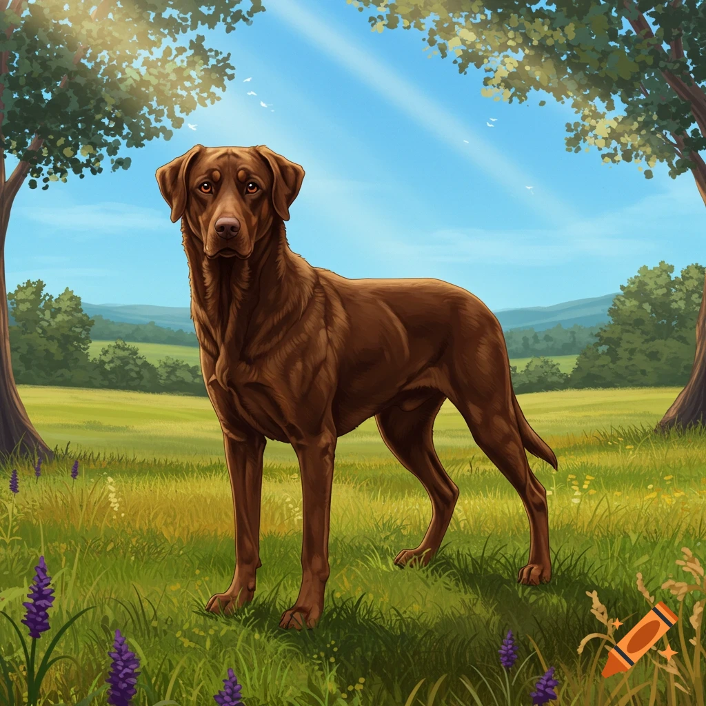 A brown Labrador retriever stands in a sunny green field with purple flowers and trees under a blue sky.
