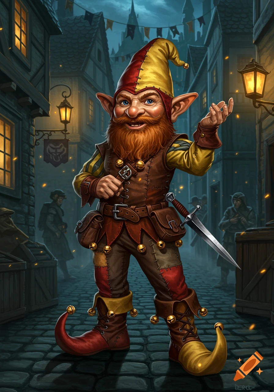 A smiling, red-bearded gnome jester in a pointed hat and jester boots holds a dagger on a dark medieval street at night. Fantasy art.