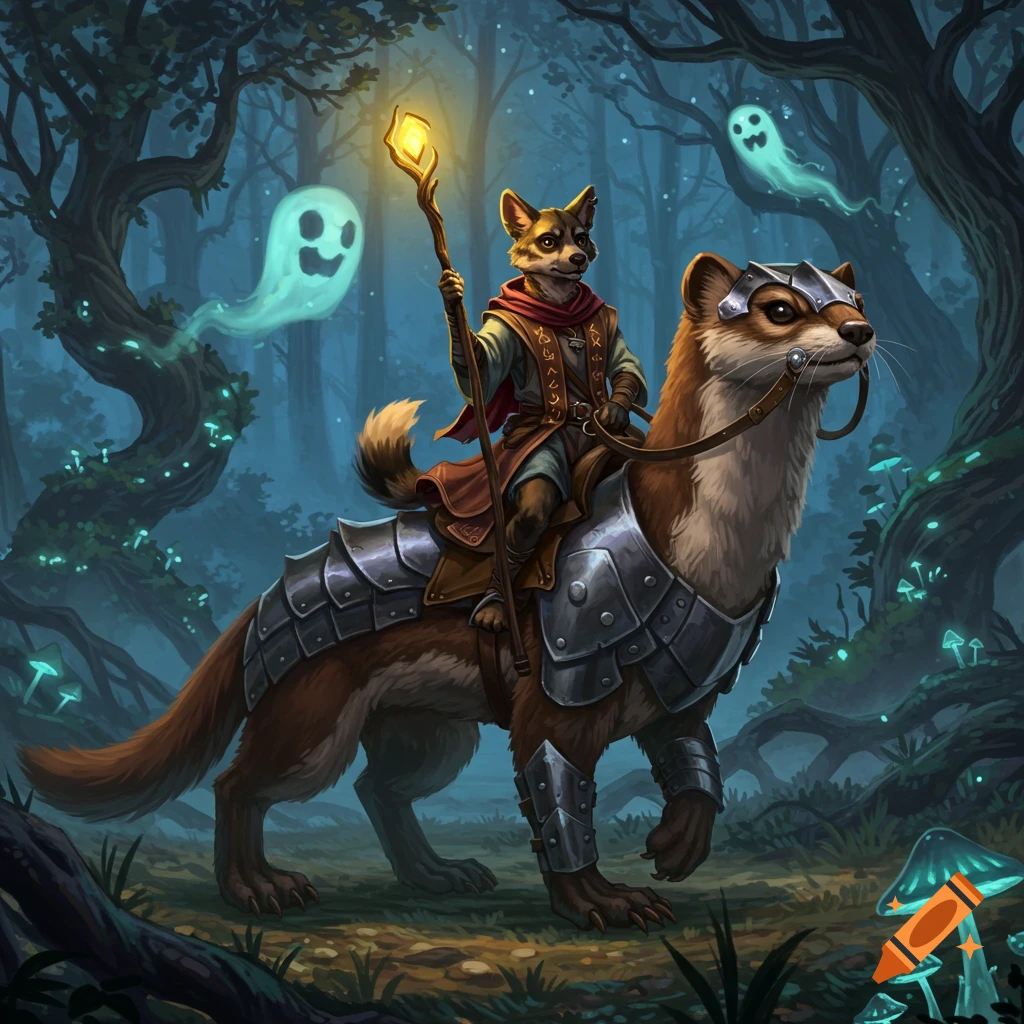 An anthro fox mage rides a giant armored weasel through a glowing, spooky forest with flying ghosts, detailed fantasy illustration.