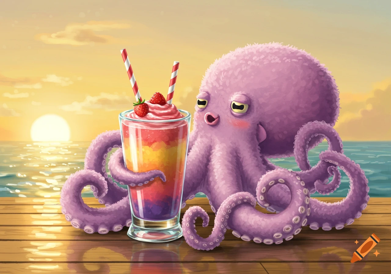 A cute purple fuzzy octopus with wide eyes sits on a wooden dock next to a layered fruit smoothie with two straws, set against a vibrant sunset over the ocean.