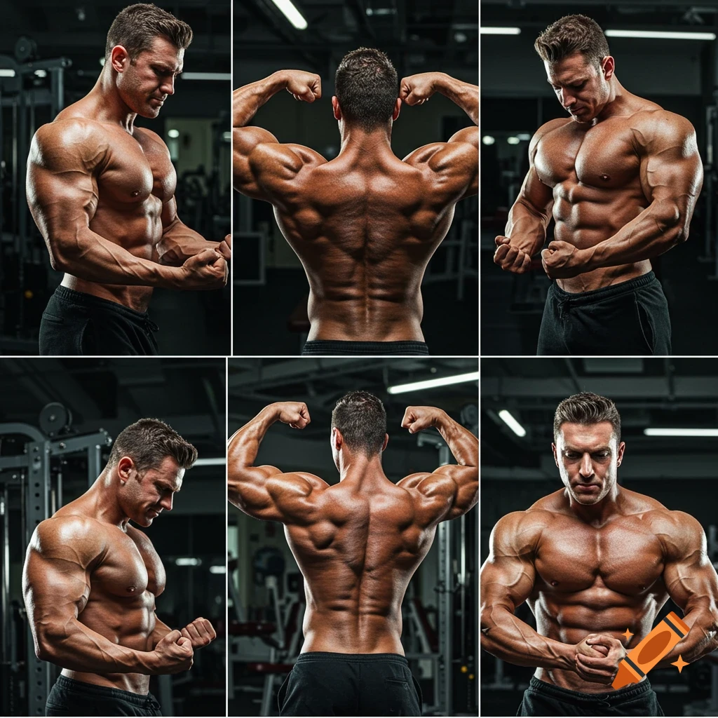 Collage of a muscular male bodybuilder posing in various front and back views at a gym in a photorealistic style.