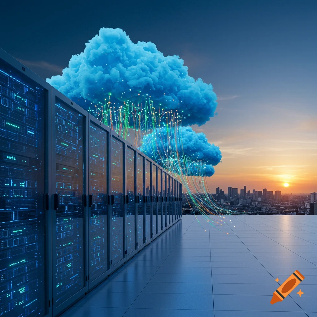 Data center server racks with blue clouds and light streams connecting above a city skyline at sunset, depicting cloud migration.