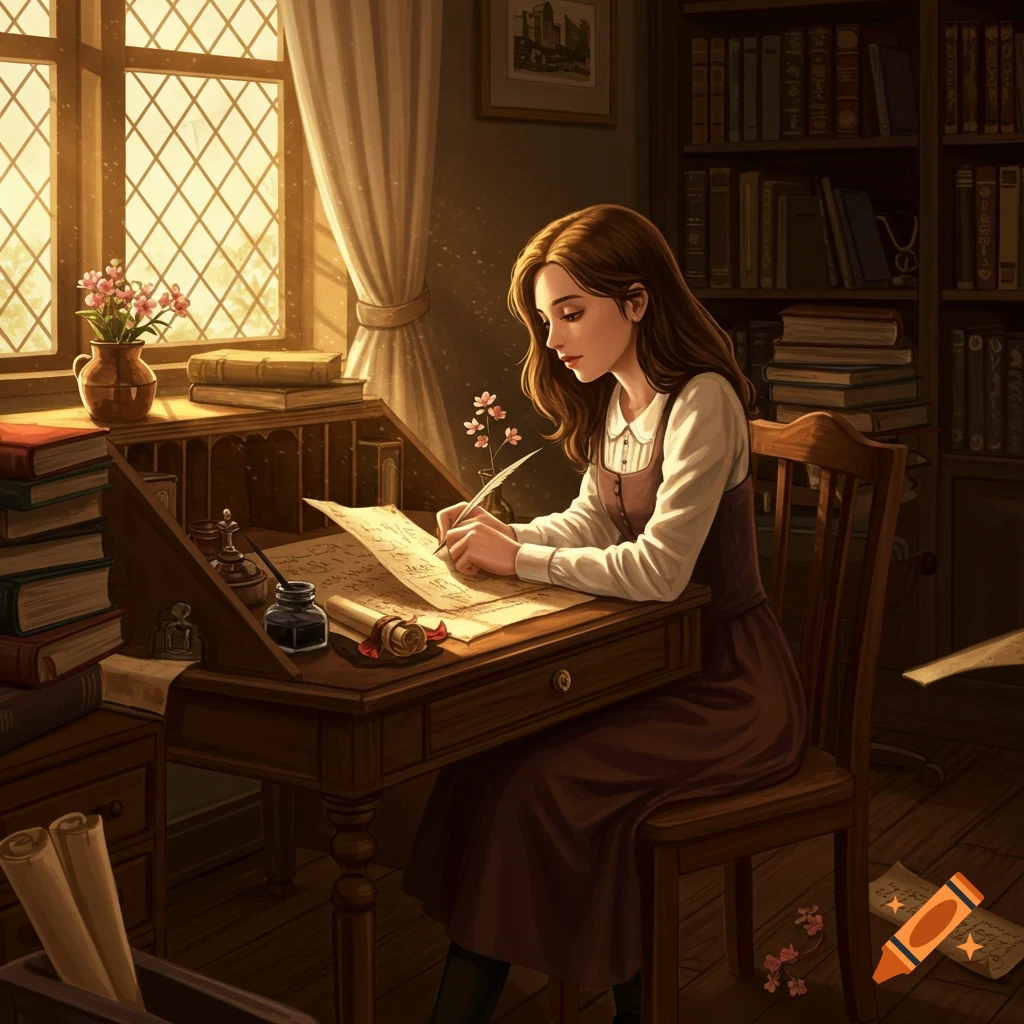A young woman writes with a quill at a wooden desk in a sunlit room with bookshelves, in a painterly style.