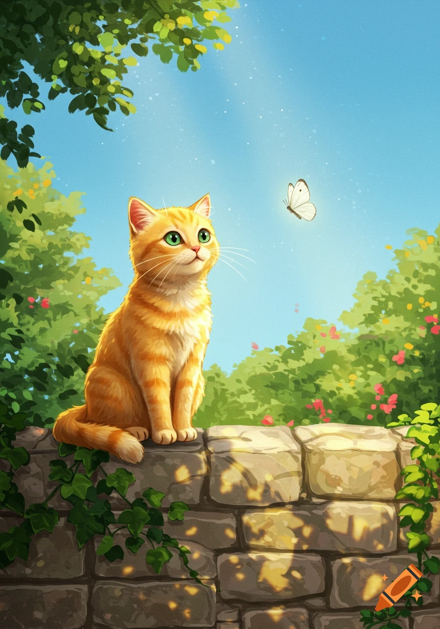 Cute orange tabby cat with green eyes sitting on a stone wall, gazing at a white butterfly in a sunny garden, illustration.