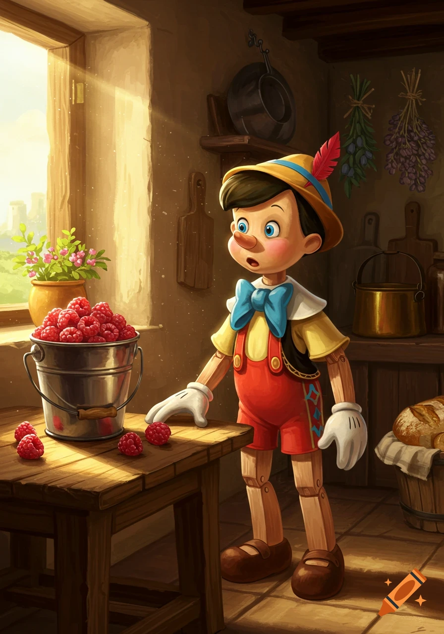 Cartoon Pinocchio stands in a sunlit rustic kitchen, looking at a bucket overflowing with red raspberries on a wooden table.