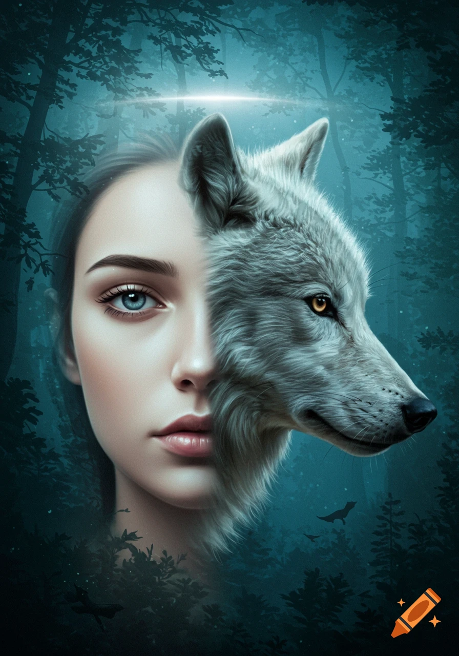 Surreal portrait of a woman's face merging with a grey wolf's head, set against a dark, mystical forest.