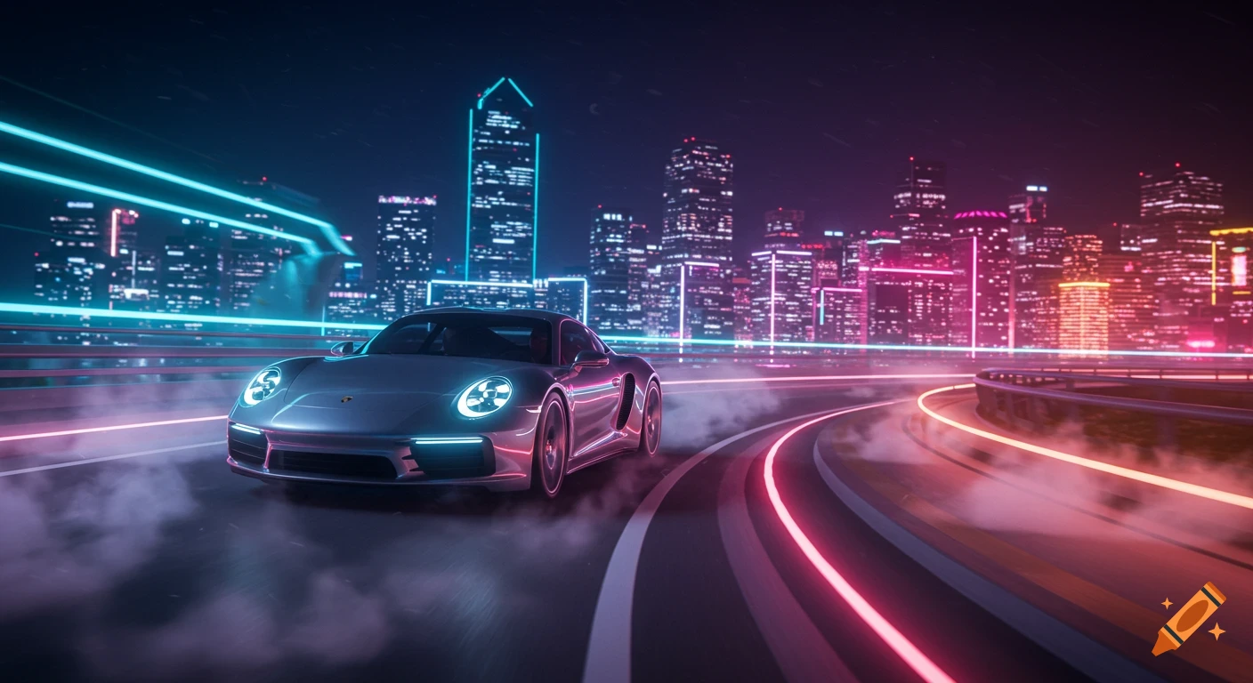 A sleek silver Porsche on a neon-lit futuristic highway at night, with a cyberpunk city skyline in the background.