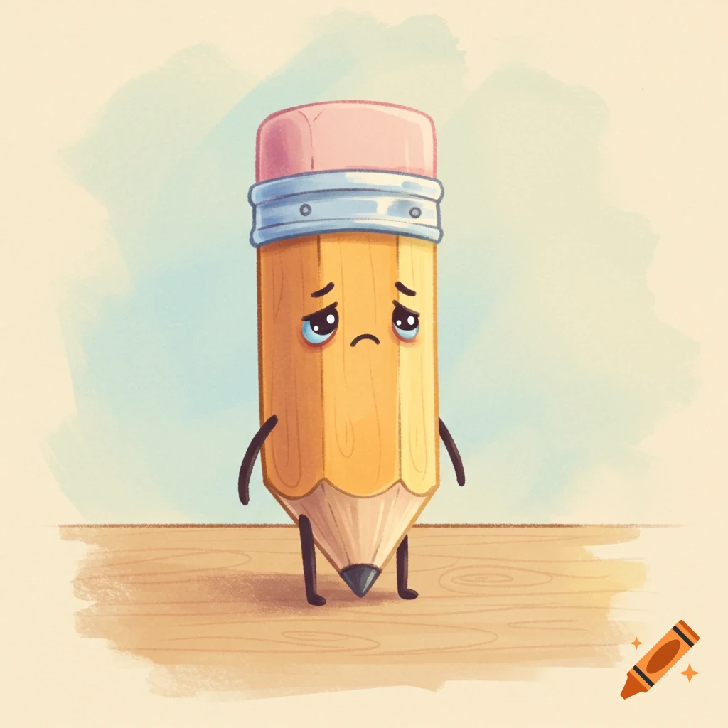 A cute, sad cartoon pencil with a pink eraser stands on a wooden surface.