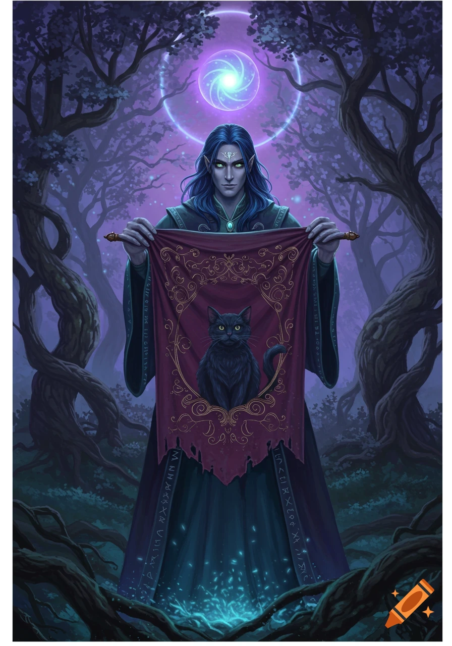 An elf-like male witch with blue hair holds a banner depicting a black cat in a dark, magical forest. Digital illustration.