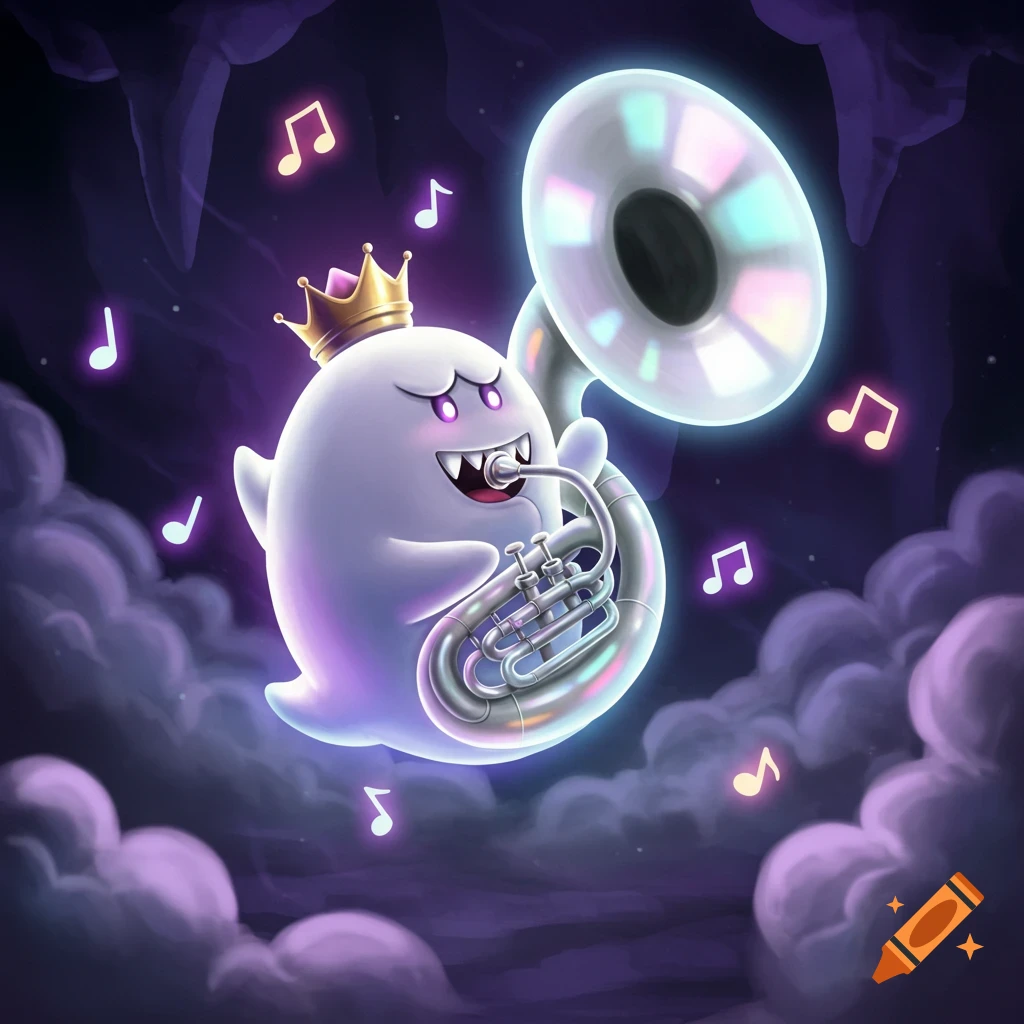 A stylized illustration of King Boo in a crown playing a shiny tuba, floating amidst purple clouds and musical notes.