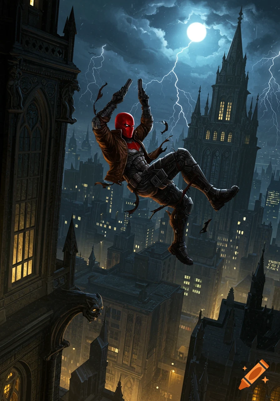 Red Hood falls through a stormy, gothic city at night with lightning and a full moon, in a comic art style.