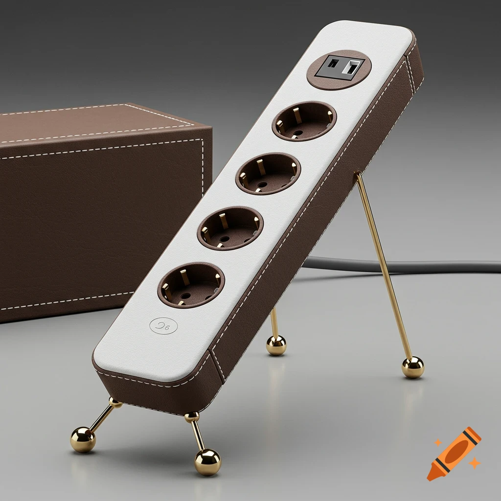 A luxury power strip with brown and white leather, gold legs, and five sockets, next to a matching brown box.