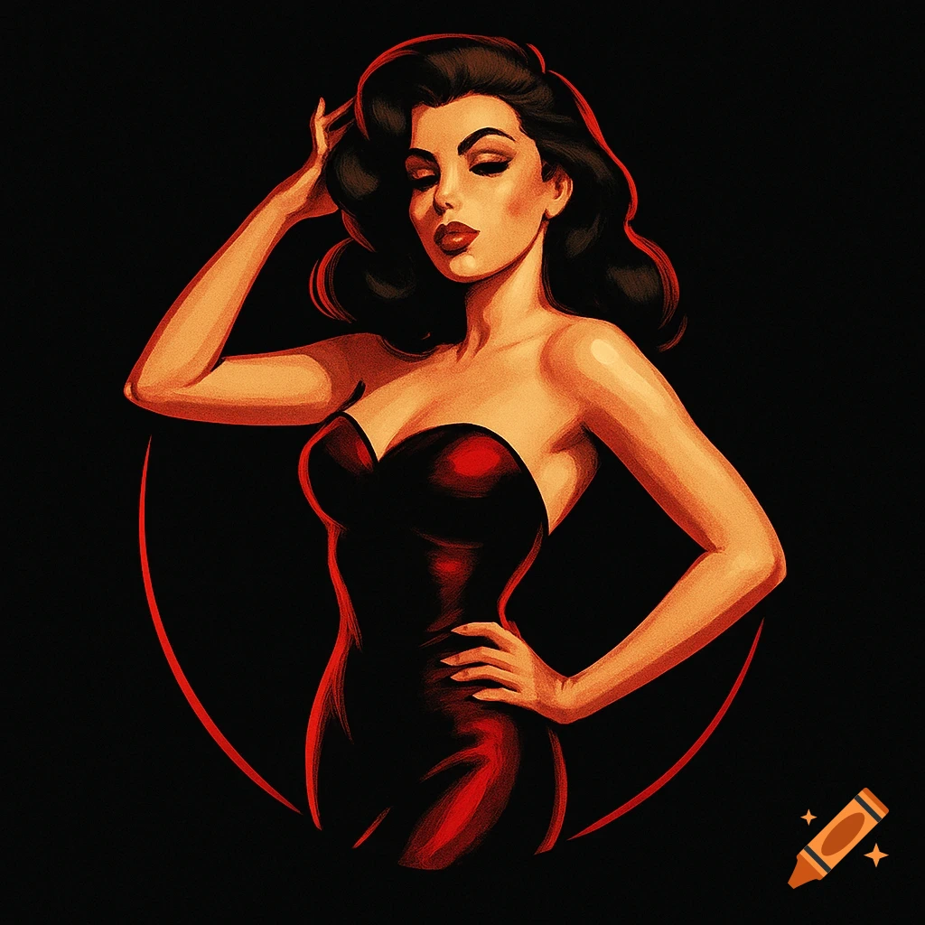A stylized pin-up illustration of a woman in a form-fitting red strapless dress, with dark hair, posing against a black background with a red outline.