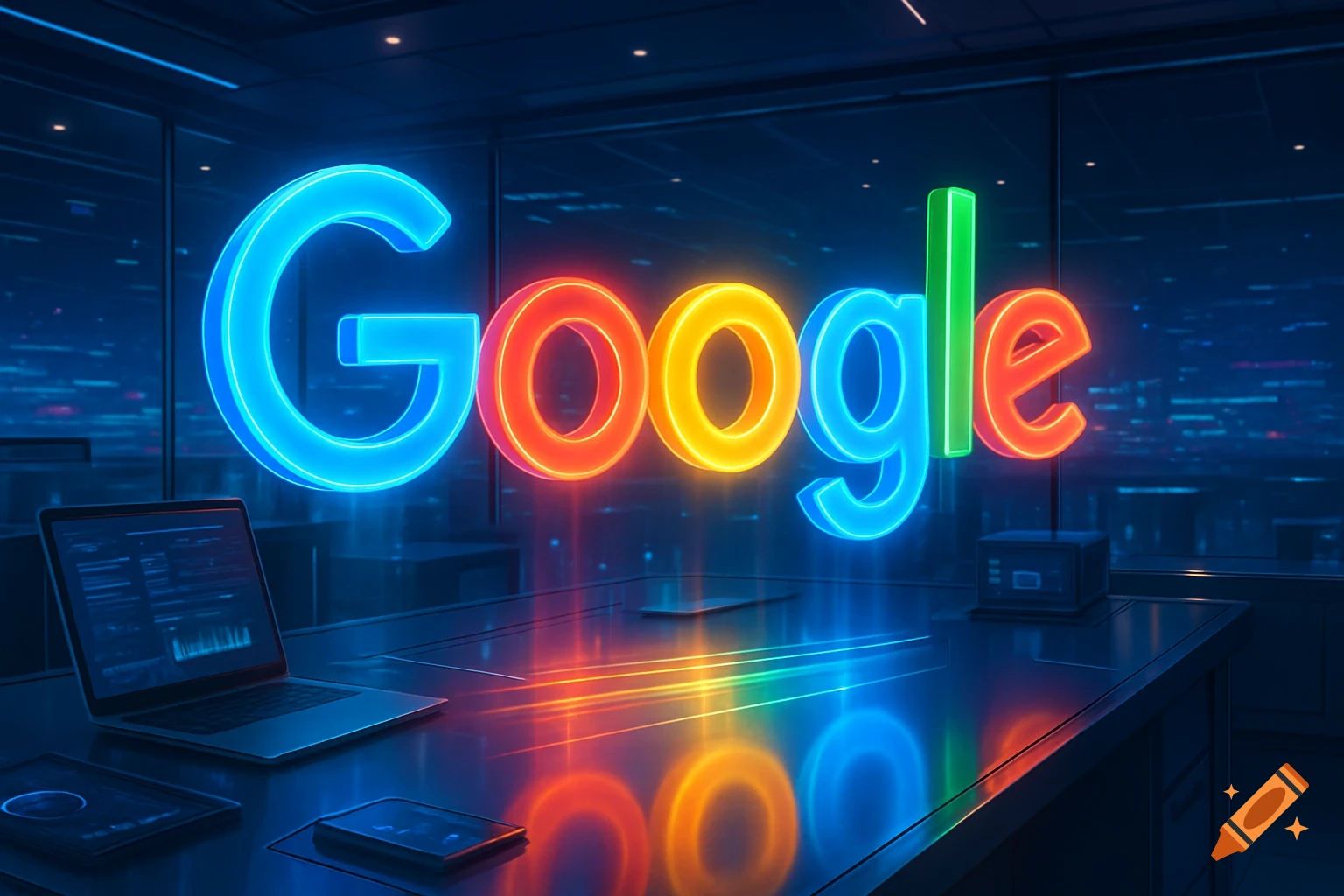 Neon Google logo glowing brightly in a futuristic dark room with reflections on a desk and a laptop.
