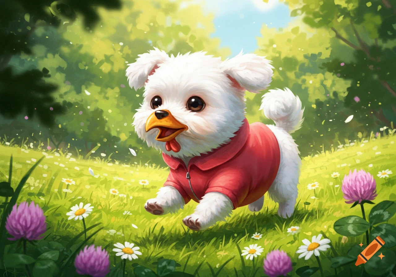 A fluffy white puppy with a chicken's beak and a red jacket runs through a sunny green field with flowers, in a vibrant illustration style.