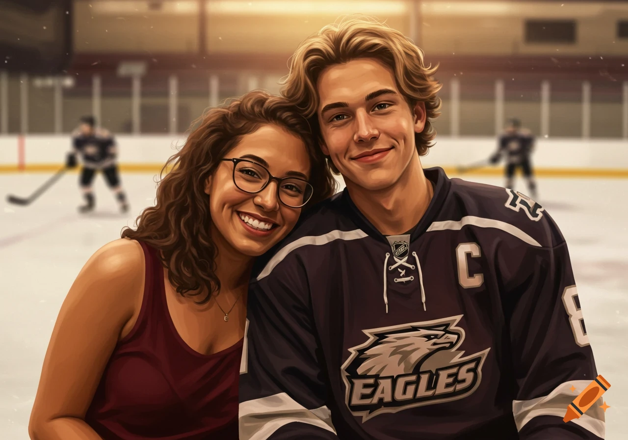 A smiling woman in glasses and a man in a hockey jersey with 'EAGLES' logo pose closely at an ice rink.