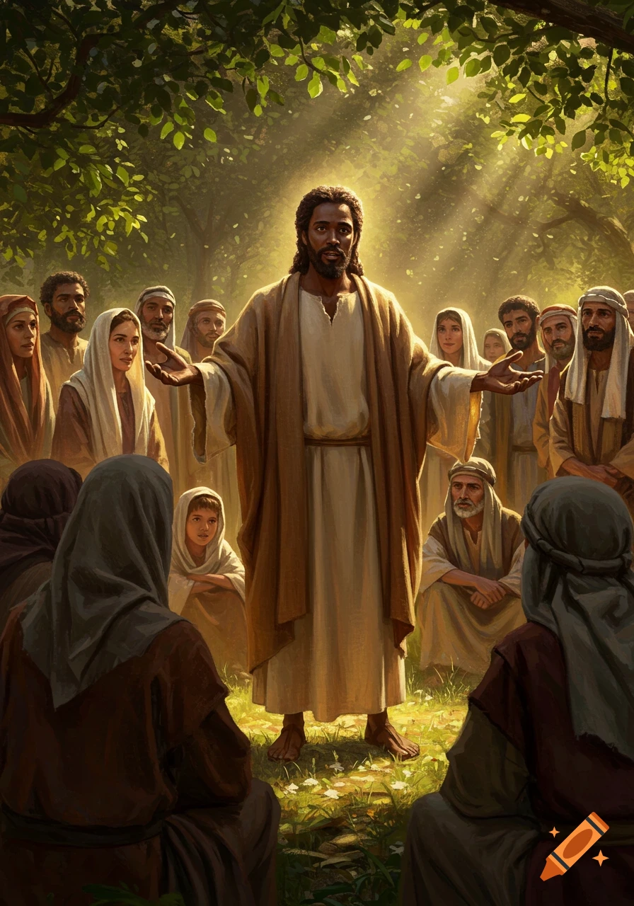 Black-skinned Jesus with outstretched arms speaking to a diverse crowd in a sunlit forest.