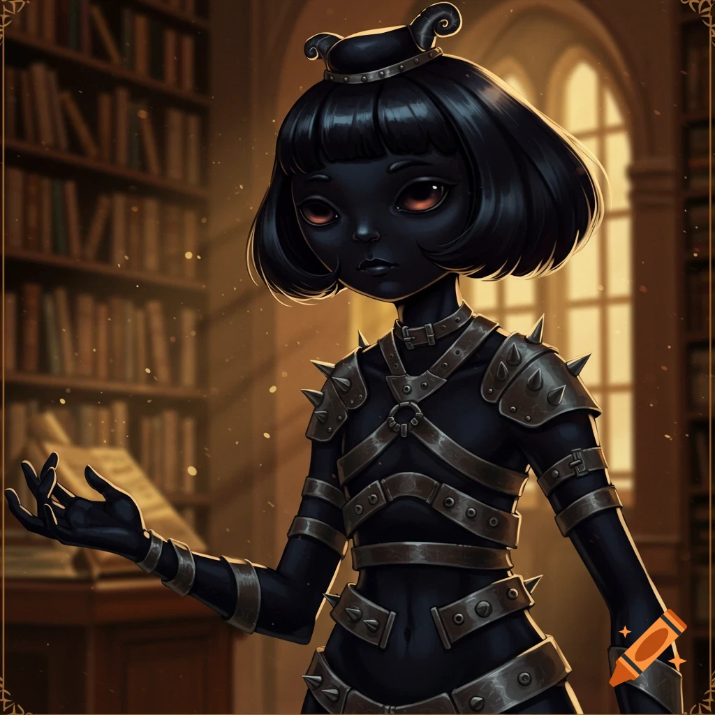 A dark-skinned, bob-haired fantasy humanoid in spiked armor with large eyes and horn-like curls, standing in a library.