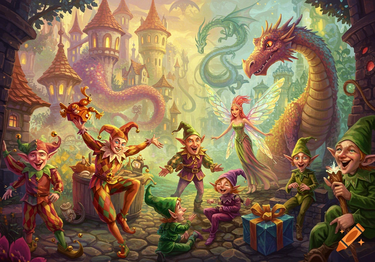 A vibrant fantasy illustration of jesters, elves, and a fairy gathered in a whimsical village with dragons in the sky.