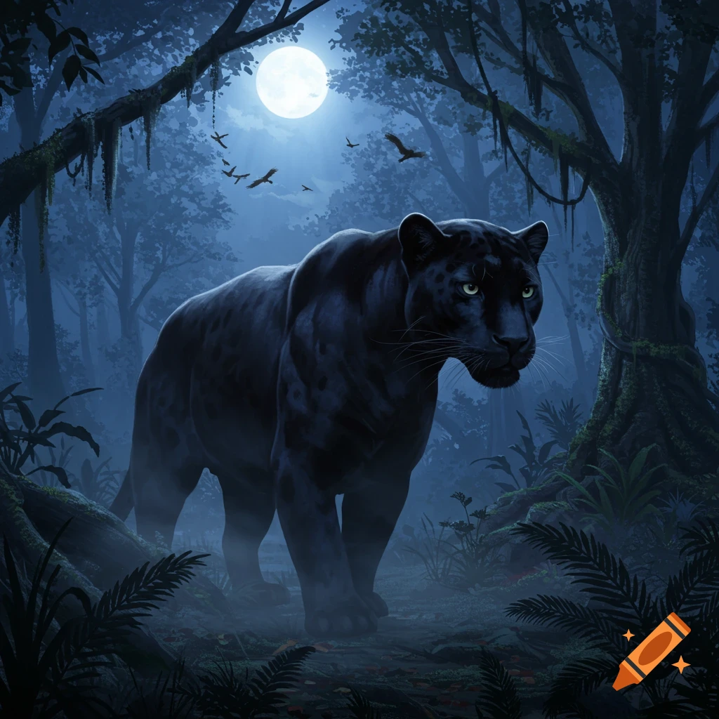 A majestic black panther with glowing green eyes stands in a dense, moonlit jungle, with birds silhouetted against the full moon.