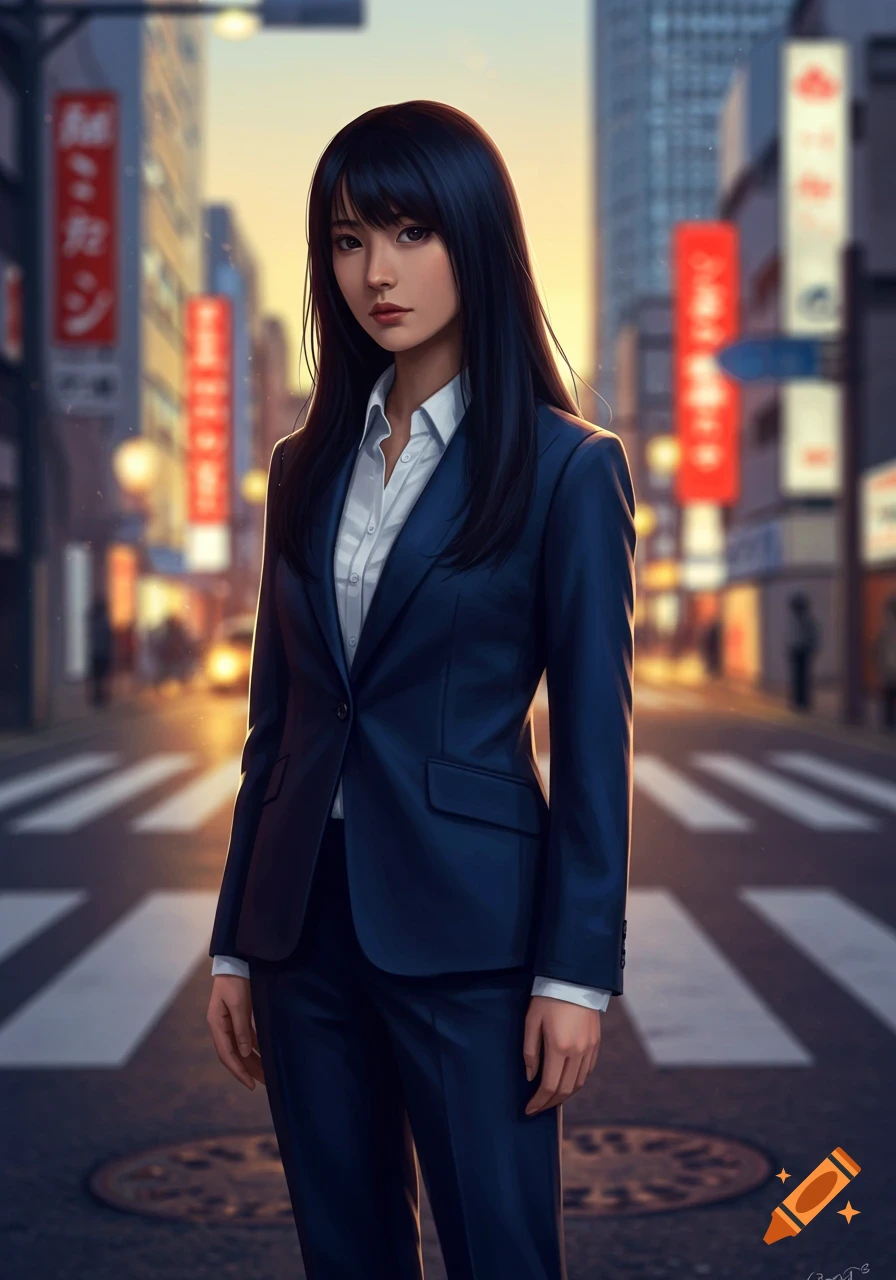 An anime-style Japanese woman in a dark blue suit stands in a city street at sunset, with illuminated signs in the background.
