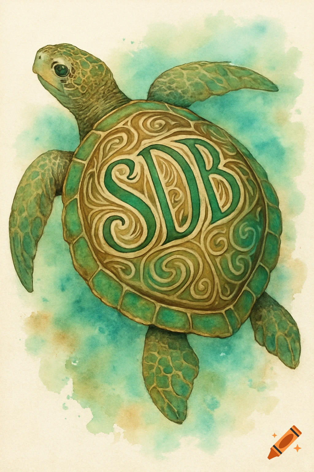 A watercolor illustration of a sea turtle with ornate patterns and the initials SDB integrated into its shell.