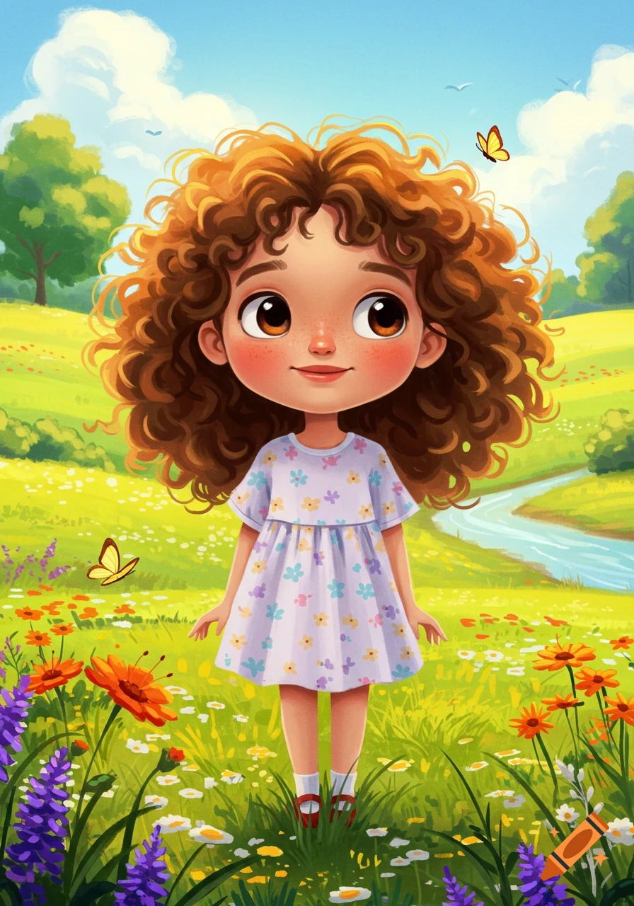 Cute cartoon girl with curly brown hair in a vibrant flowery field with a river and butterflies under a blue sky.