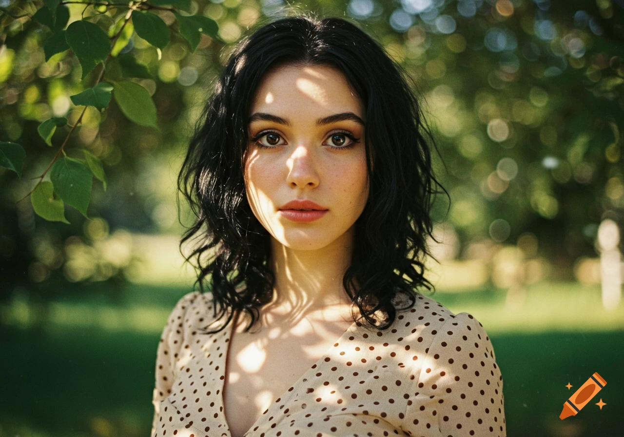 Photorealistic portrait of a young woman with dark wavy hair and light eyes, with dappled sunlight on her face, in a green outdoor setting.