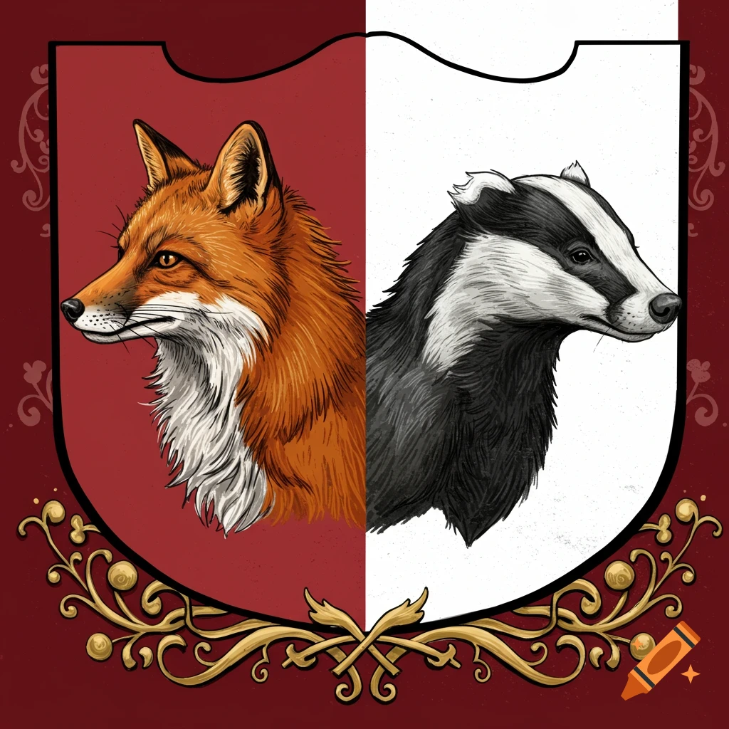 Illustration of a coat of arms featuring a fox on a red side and a badger on a white side, with ornate gold scrollwork.