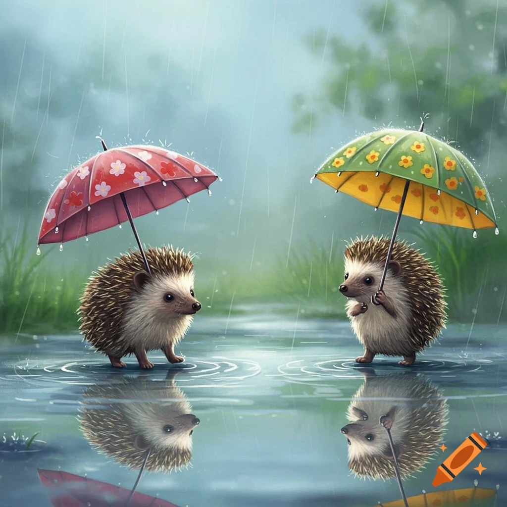 Two cute illustrated hedgehogs hold colorful umbrellas while walking through puddles in the rain.