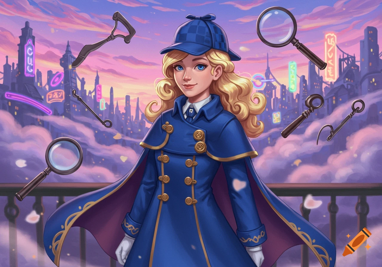 Anime female detective in blue coat and hat, city skyline at sunset with floating magnifying glasses and keys.