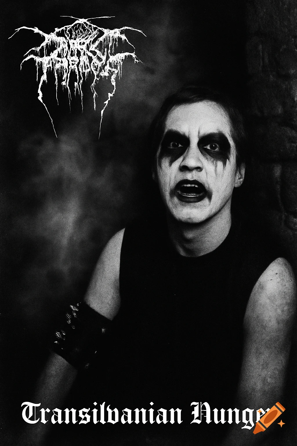 Black and white portrait of a person in black metal corpse paint, with 'Darkthrone' logo and 'Transilvanian Hunger' text.