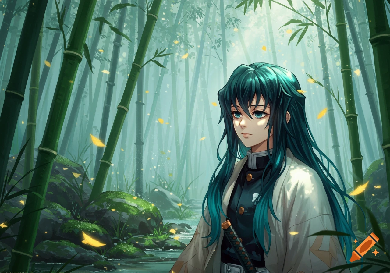 Anime character with long teal hair and blue eyes in a white uniform, holding a katana in a misty bamboo forest with glowing yellow leaves and a stream.