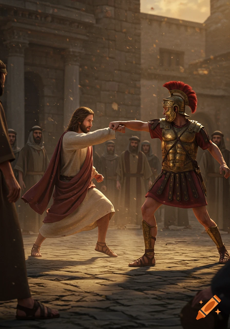 Photorealistic image of Jesus in robes and a Roman soldier in armor clashing fists in an ancient street scene.