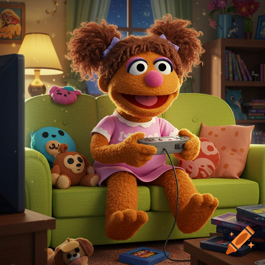 A Muppet-like girl with brown pigtails in a pink dress happily plays video games on a green couch, surrounded by stuffed animals.