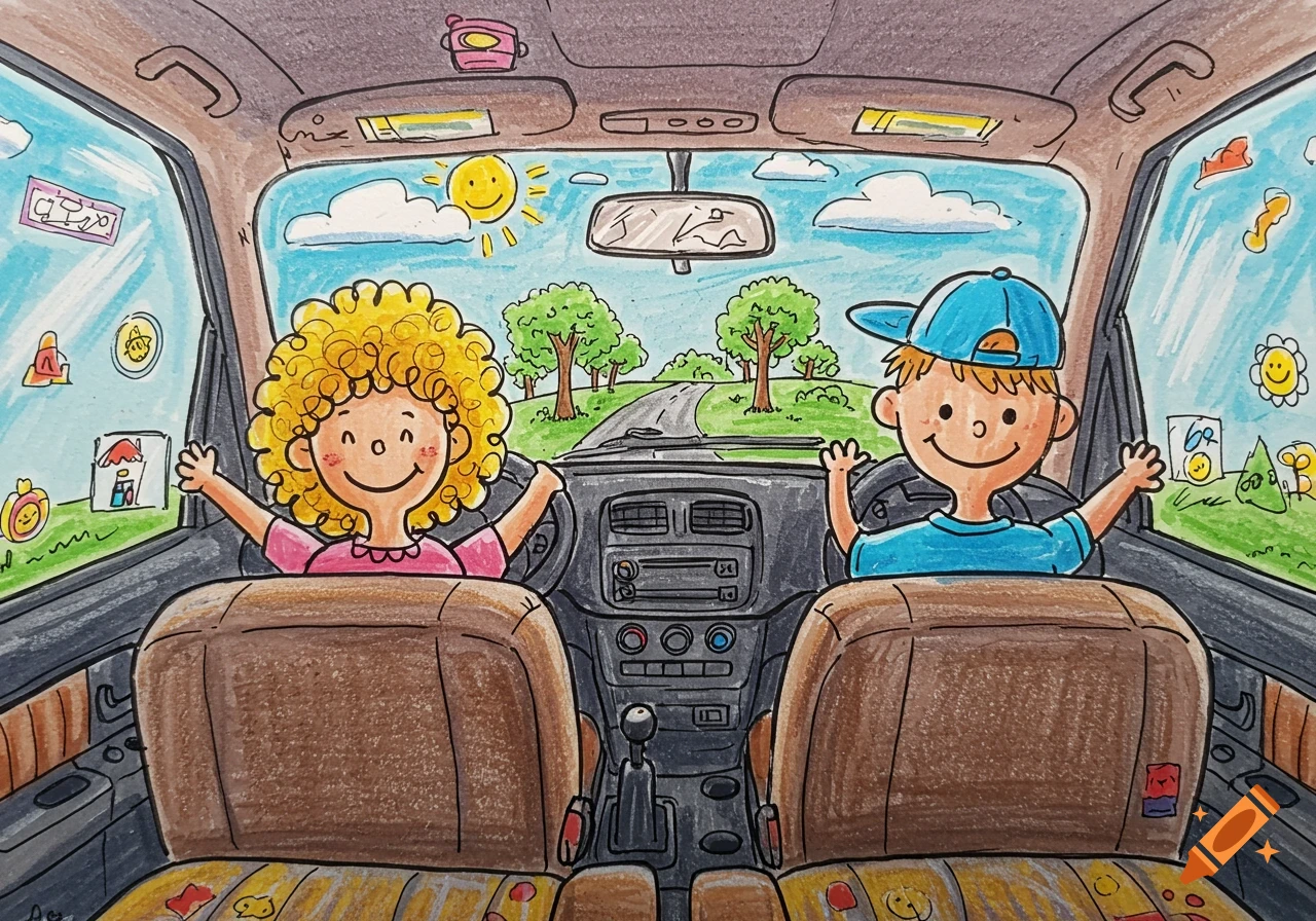 A colorful children's drawing of two happy cartoon kids in the front seats of a car, seen from the back, with a road and trees visible through the windshield.