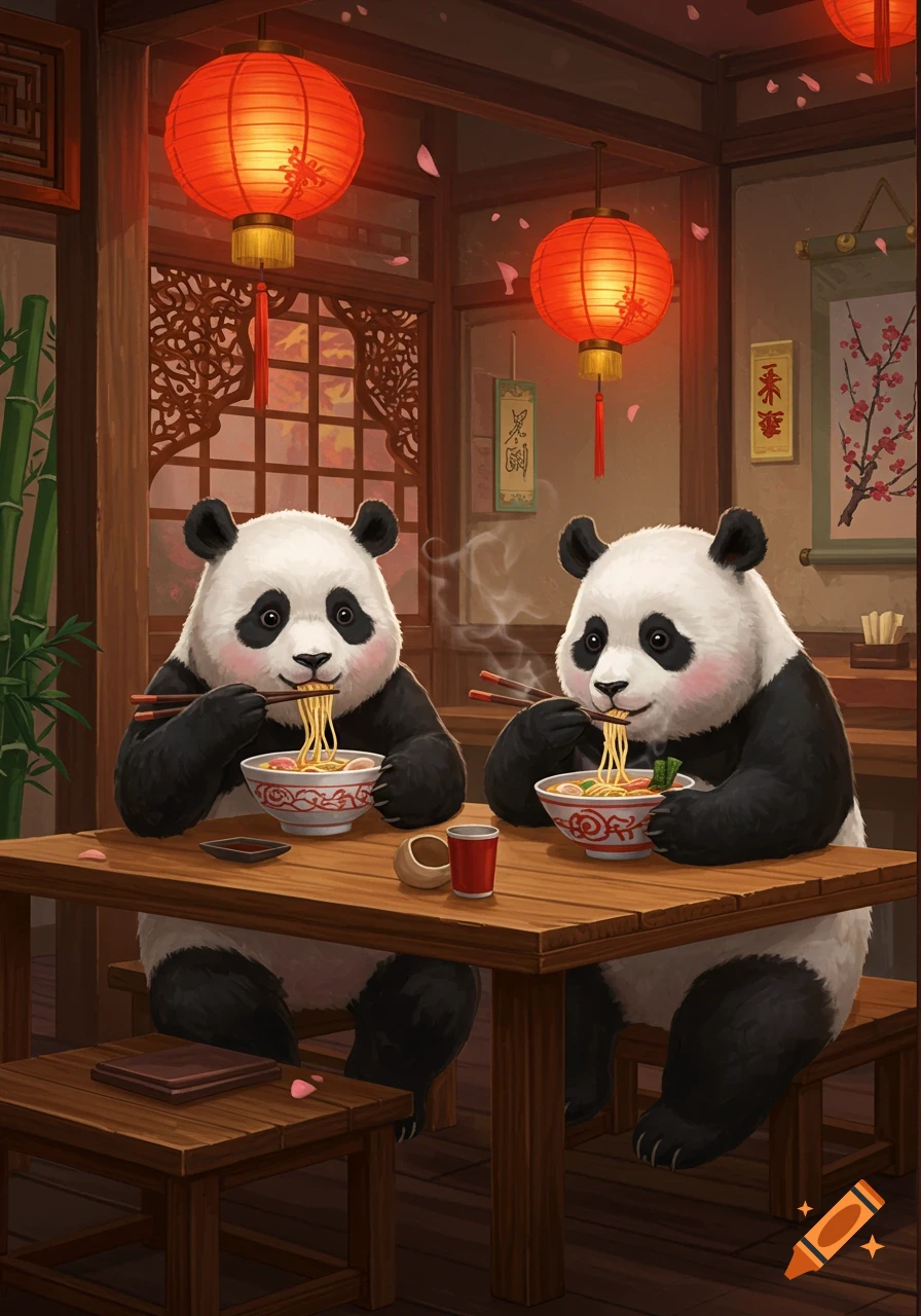 Two cartoon pandas happily eat noodles with chopsticks in a warm, illuminated Chinese restaurant with red lanterns.