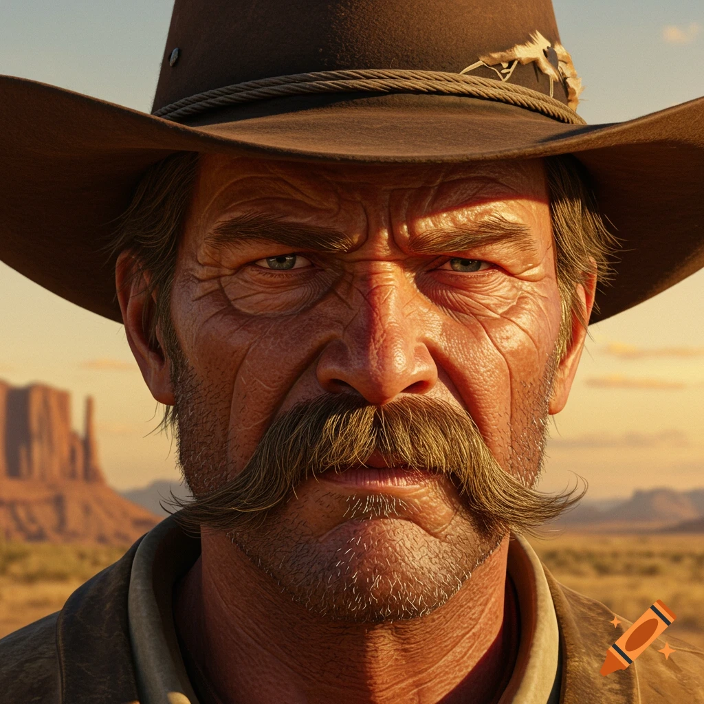 Photorealistic extreme close-up of a weathered cowboy with a thick mustache and stubble, squinting under a worn hat, golden hour desert background.