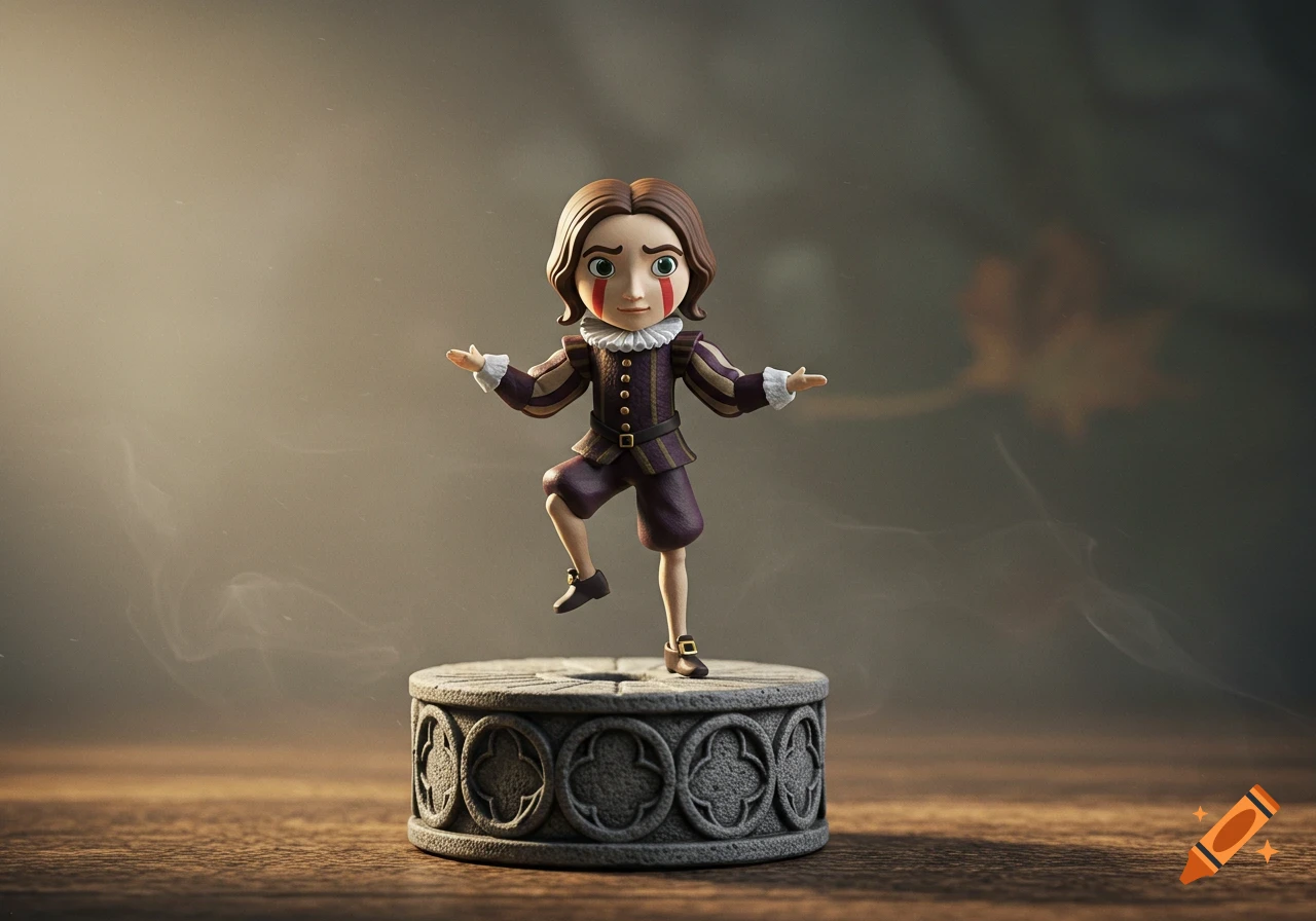 A stylized figurine resembling a child in a Hamlet-like costume with face paint, balancing on one leg on an ornate stone pedestal.