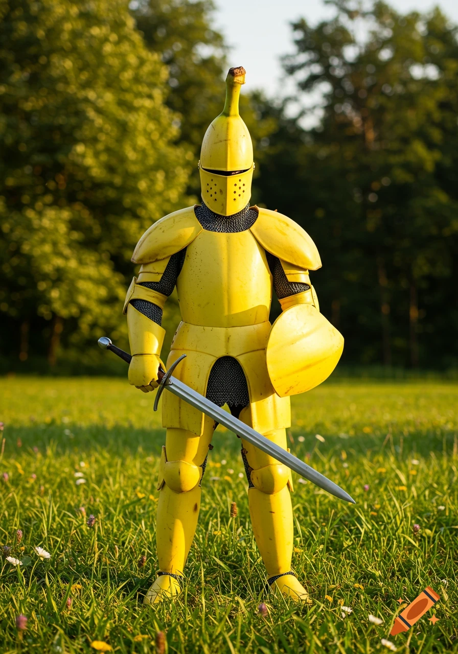 A person in full bright yellow banana-themed knight armor with a banana stem helmet stands in a green field holding a sword and shield.