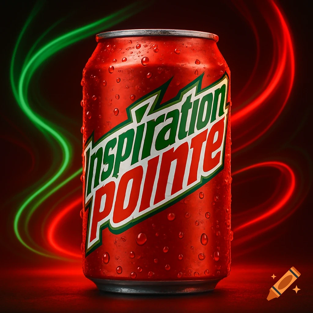 Photorealistic image of a wet red soda can labeled 'Inspiration POINTE' with green text, against a dark background with red and green light trails.