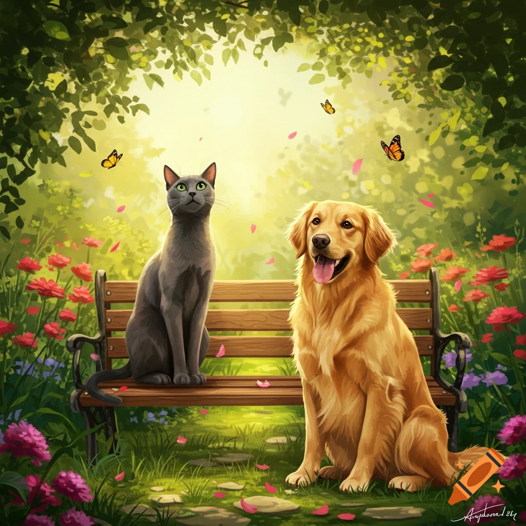 A grey cat and a golden retriever dog sit on a wooden bench in a sunny, flower-filled garden, with butterflies flying overhead in a digital painting style.