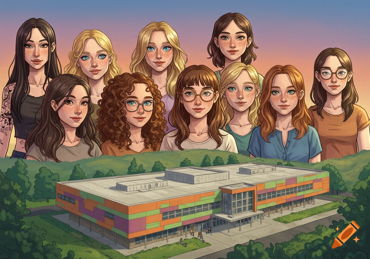 A vibrant illustration of nine diverse women looking down at a colorful school building nestled in green trees.