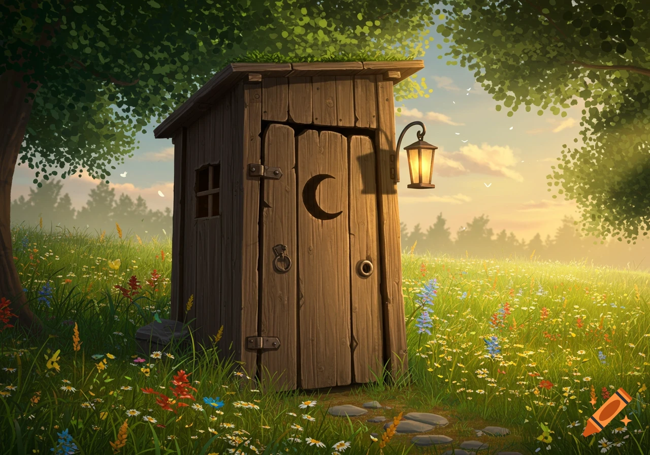 A rustic wooden outhouse with a crescent moon cutout stands in a sunlit meadow of wildflowers under a green tree.