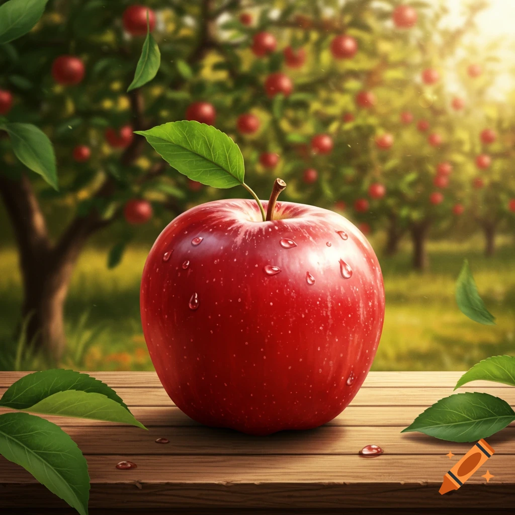 A photorealistic close-up of a vibrant red apple with water droplets and a green leaf, resting on a wooden table in a blurry apple orchard.