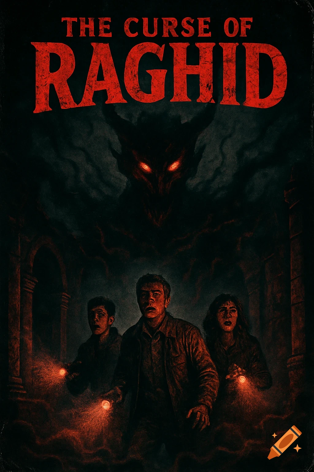 A horror movie poster for "The Curse of Raghid" depicting a shadowy demon with red eyes hovering over three scared people with flashlights in dark ruins.