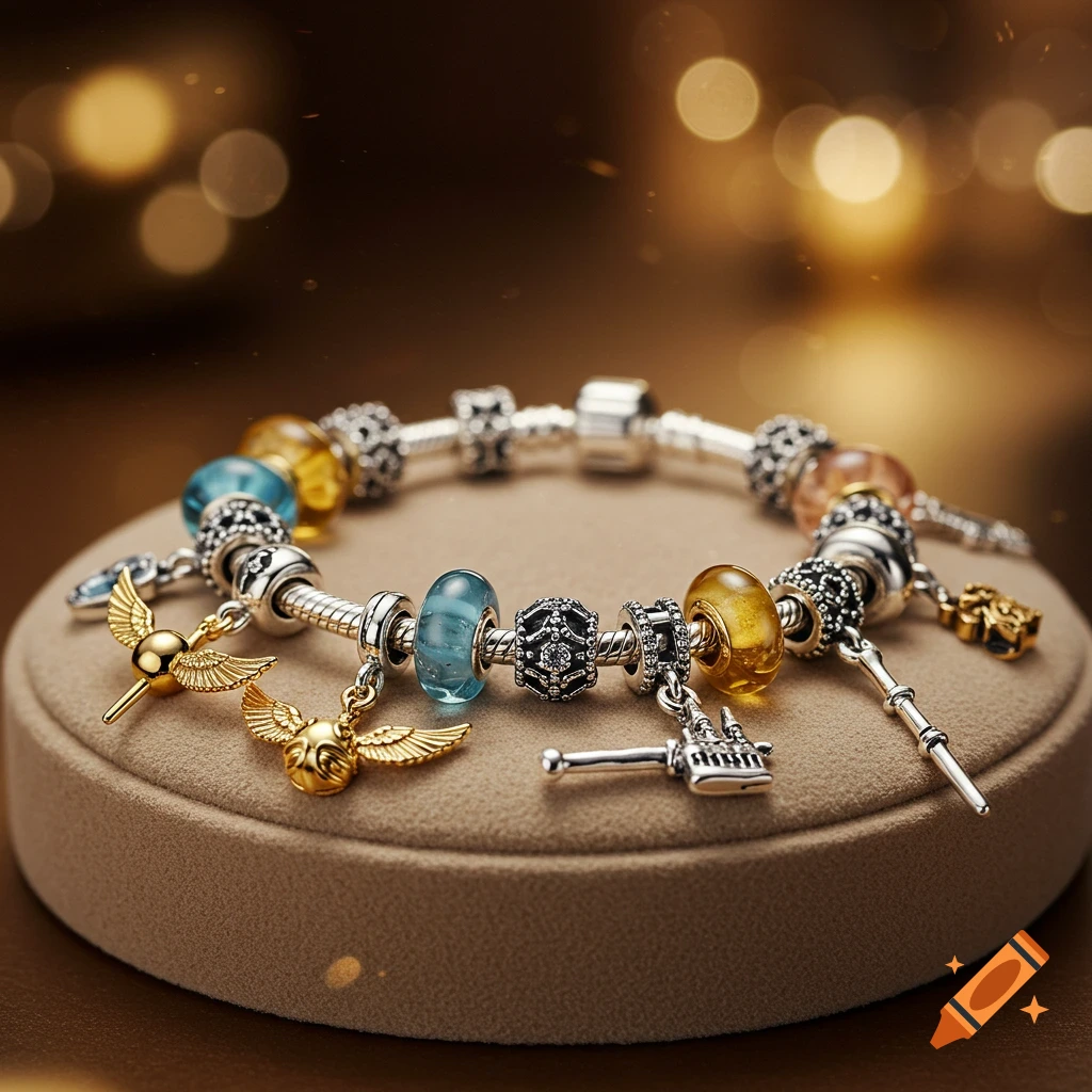 Photorealistic silver bracelet with blue and yellow glass beads and golden Harry Potter charms on a beige display, with golden bokeh.
