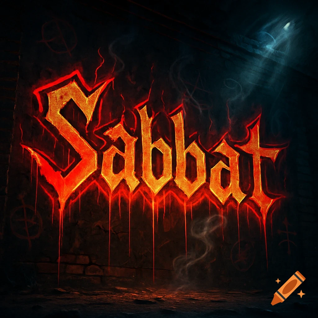 Fiery, gothic-style graffiti of the word 'Sabbat' glowing on a dark brick wall with subtle smoke and symbols.