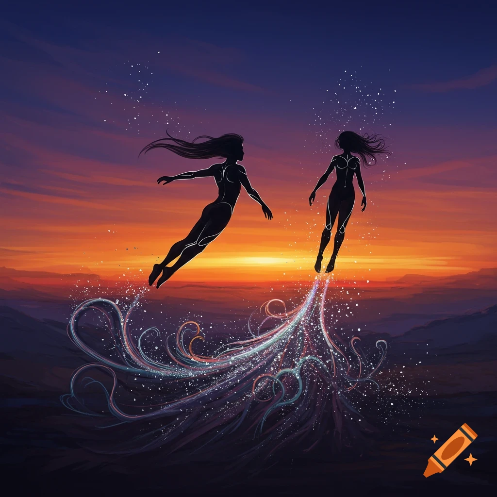 Two ethereal human-like silhouettes float upwards, boosted by shimmering magical trails, against a vibrant orange and purple sunset.